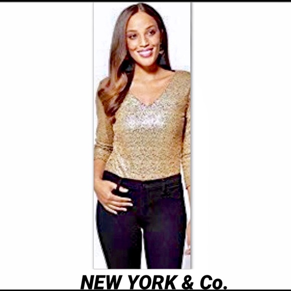 NEW YORK & COMPANY GOLD SEQUIN V NECK BODYSUIT - Picture 2 of 7